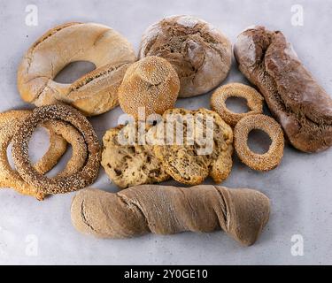 Selection of Greek breads laid out flat and photographed from overhead Stock Photo