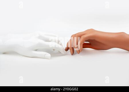 Two Mannequin Hands Reaching Out to Each Other Stock Photo
