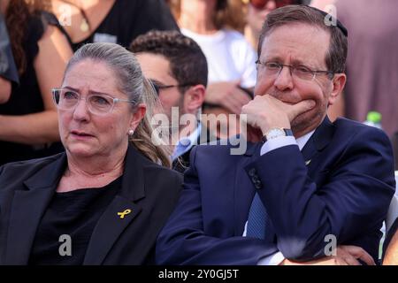 Jerusalem, Israel. 02nd Sep, 2024. Israel's President Isaac Herzog and his wife Michal react during the funeral of killed US-Israeli hostage Hersh Goldberg-Polin whose body was recovered with five other hostages in Gaza, in Jerusalem on Monday, September 2, 2024. The six were among hostages seized during Hamas's October 7 attack that triggered the ongoing conflict between Israel and Hamas. Pool Photo by Gil Cohen-Magen/UPI Credit: UPI/Alamy Live News Stock Photo