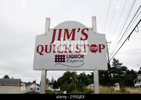 Jim’s Quick Stop sign on Conception Bay highway in Brigus, Newfoundland & Labrador, Canada Stock Photo