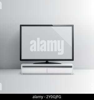 Flat screen TV placed on a sleek, modern white TV stand against a light background Stock Vector