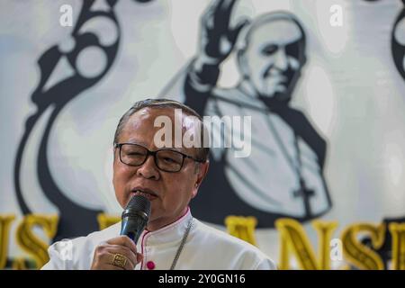 Jakarta, Jakarta, Indonesia. 2nd Sep, 2024. Cardinal Ignatius Suharyo, Archbishop of Jakarta, center, is speaking to journalists while launching a stamp bearing a picture of Pope Francis holding a framed stamp commemorating Pope Francis' visit to Indonesia, during the inauguration ceremony at the Jakarta Cathedral Church, Indonesia, Monday, September 2 2024. (Credit Image: © Antonius Jagad SR/ZUMA Press Wire) EDITORIAL USAGE ONLY! Not for Commercial USAGE! Stock Photo