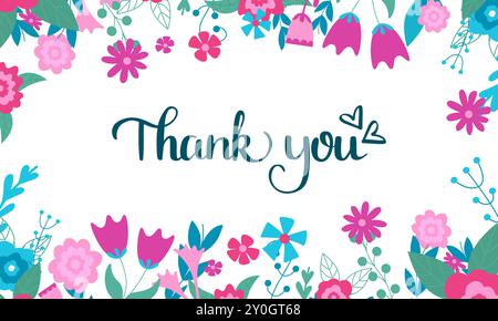 Thank you banner design. Doodle flowers and handwritten phrase with hearts. Floral frame template. Gratitude, respect and appreciation vector postcard Stock Vector