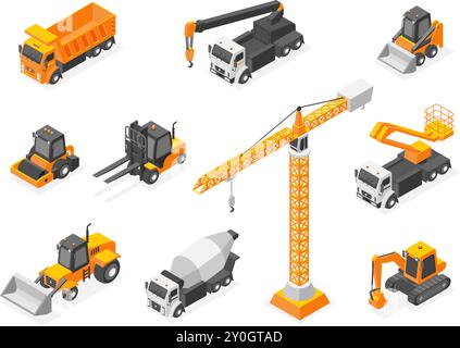 Isometric construction equipment. Special transport for building, truck crane bulldozer and machineries. 3d vehicles and trucks, flawless vector Stock Vector
