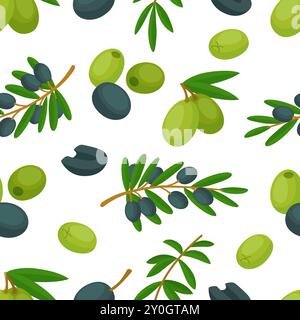 Olive branches seamless pattern. Green and black olives, harvest plants. Natural oil, organic stylish print design for wrapping, neoteric vector Stock Vector