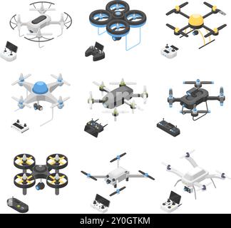 Isometric drones. Remote control and joysticks for drone. Flying techniques with camera for video and photo top view, flawless vector digital elements Stock Vector