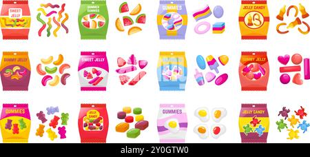 Gummies sweets. Cartoon jellies candies, sweet marmalade candy packs. Juicy desserts, jelly fruits worms bears berries, neoteric vector set Stock Vector