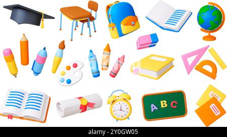 School 3d tools. Isolated elements of kindergarten college art workshop. Backpack brush colored pencil and paints palette, render pithy vector icons Stock Vector