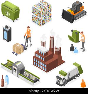Isometric waste recycle. Trash bricks, composting transport and belt. Garbage recycle factory building, plastic bins and workers, flawless vector Stock Vector