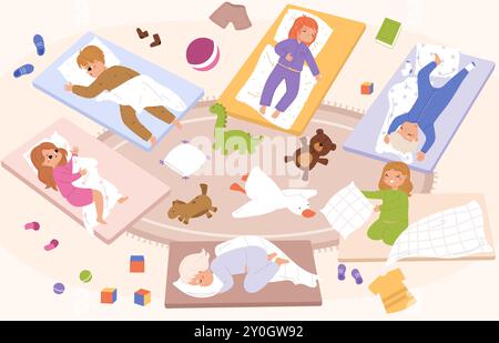 Nap time kid. Children sleeping in kindergarten or in camp. Nursery room with dreaming kids on mattresses, toys and clothes, snugly vector scene Stock Vector