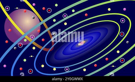 This vibrant abstract artwork depicts a celestial scene possibly a stylized representation of our solar system Stock Vector