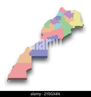 3d isometric colored map of Morocco with borders of regions Stock Vector