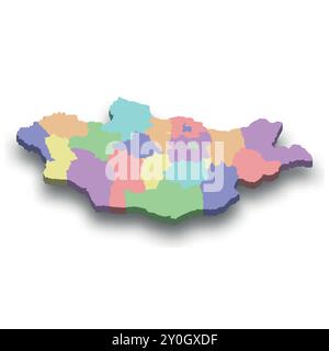 3d isometric colored map of Mongolia with borders of regions Stock Vector