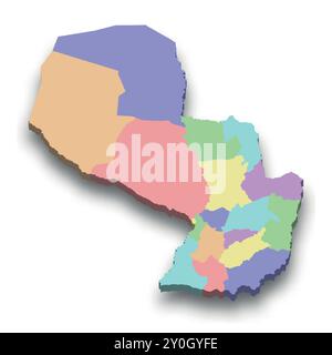 3d isometric colored map of Paraguay with borders of regions Stock Vector