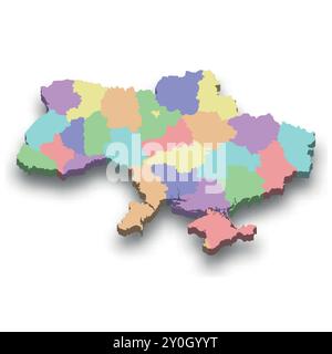 3d isometric colored map of Ukraine with borders of regions Stock Vector