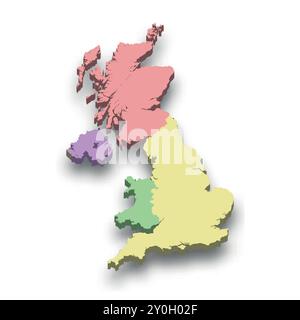 3d isometric colored map of United Kingdom with borders of regions Stock Vector