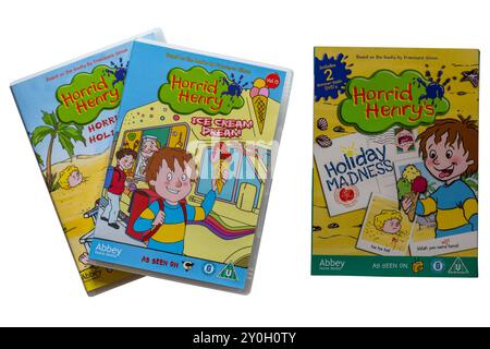 Horrid Henry's Holiday Madness Double DVD Pack DVDs isolated on white background based on the books by Francesca Simon - Horrid Henrys ice cream dream Stock Photo