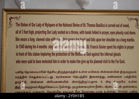 Information about the Statue of our Lady of Mylapore, St Thomas Cathedral, Basilica, Chennai, Tamil Nadu, India.  Mylapore is a district of Channai. Stock Photo