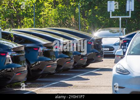 M?lndal, Sweden - May 26 2022: New black Tesla Model Y electric cars almost ready to be delivered. Stock Photo