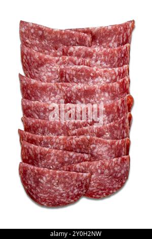 Thin slices of salami isolated on white with clipping path included Stock Photo