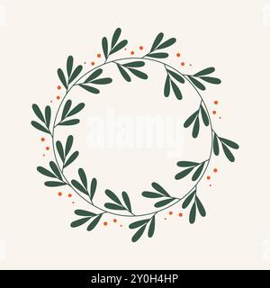 Christmas wreath with green leaves and red berries on white background Stock Vector