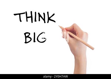 Hand writing think big message on white background. Conceptual think big message. Copy space. Stock Photo