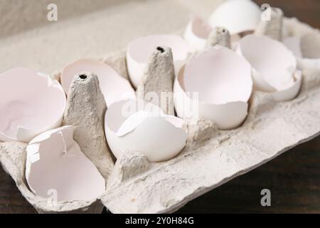 Broken eggshells in carton on table, closeup Stock Photo