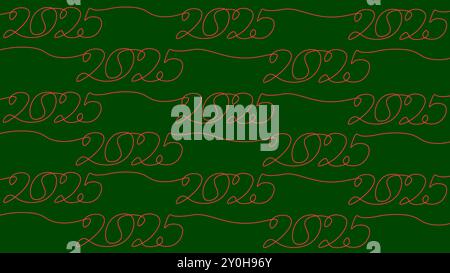2025 New Year single continuous line seamless pattern. Holiday greeting card paper. Date numbers concept design. One sketch outline drawing white Stock Vector