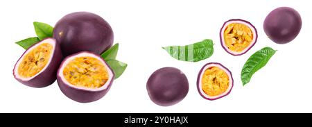 whole passion fruits and a half with leaves isolated on white background. Isolated maracuya Stock Photo