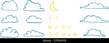 Set of hand drawn by wax pencil clouds stars and moon. Collection of writing by children pastel outline night sky elements. Blue fluffy clouds in Stock Vector