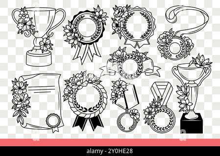 Awards and prizes for winner of first place in competitions or olympiads. Gold awards or silver cups and medals or diploma as reward for excellent studies at university. Hand drawn. Stock Vector