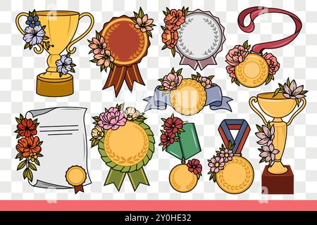 Cups and medals or gift certificate to reward best employees of month. Gold and silver items to reward for valiant service in corporation and excellent professional skills. Hand drawn. Stock Vector