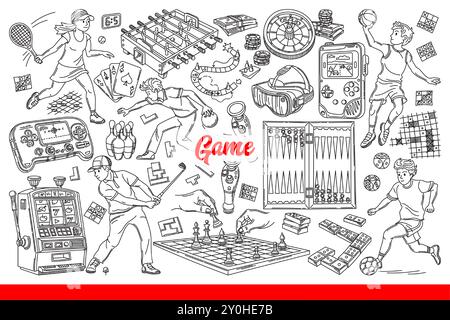 Sports games are played by men and women, enjoying active sports or mental games. Casino equipment near chess or backgammon board and poker cards for great time spent free time. Hand drawn. Stock Vector