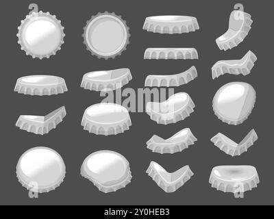 Round caps. Beer bottle metal caps different side views recent vector round metal badges Stock Vector