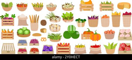 Eco food. Natural fresh farm produce healthy vegetables in baskets fruits meat and milk recent vector template pictures in flat style Stock Vector
