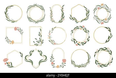Botanical frames. Floral design templates for wedding cards minimalistic flower buds branches and leaves recent vector decorative set Stock Vector