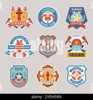 Guard service. Badges of life and police or fireguard security forces officers recent vector emblems with place for text Stock Vector