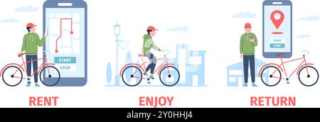 Rental bicycle. Man rent bike on mobile app, riding in city and return back. Travel in town, modern urban sharing eco transport, recent vector concept Stock Vector