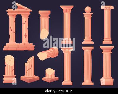 Cartoon ancient ruins. Old columns, pillars and colonnade elements. Greek or roman style column. Temple exterior architecture nowaday vector objects Stock Vector