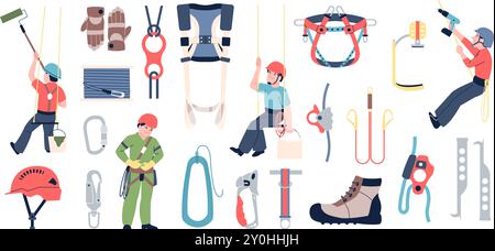 Industrial alpinism equipment. Different tools for climbers, boots ropes metal carabiner fasteners helmet. Safety elements for dangerous work, recent Stock Vector