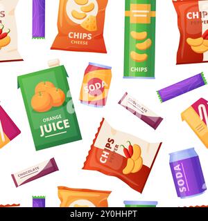 Vending snack seamless pattern. Different packs with food and drinks, chocolate chips soda. To go products print design, store nowaday vector Stock Vector