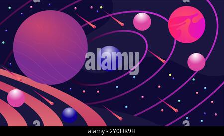 This vibrant image depicts a celestial scene with multiple planets orbiting in a cosmic space Stock Vector
