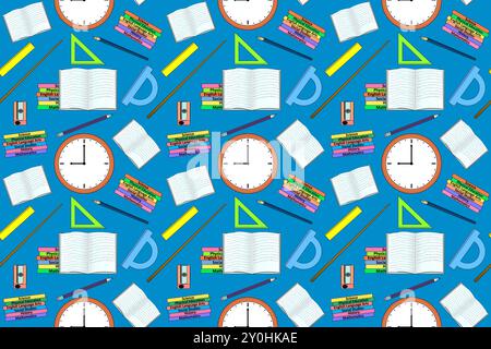 Colorful seamless pattern with school supplies including books, clocks, rulers, and stationery. Perfect for educational designs and backgrounds. Stock Vector