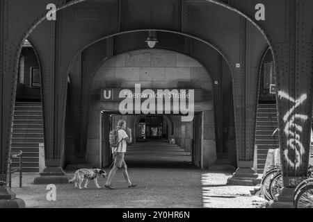 Black and white of Berlin underground station entrance and sign at Eberswalder Strasse in Berlin Prenzlauer Berg 2024, Germany, Europe Stock Photo