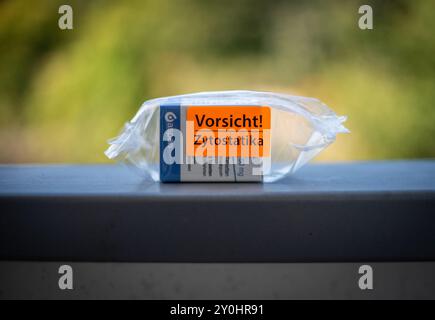 Vorsicht Zytostatika (Cytostatics) warning label in bright orange on a chemotherapy medication in Germany Stock Photo