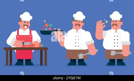 Collection of cartoon man preparing food, restaurant cook chef with hat and cook uniform, chef brings food, preparing meals for dinner, making salad Stock Vector