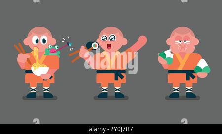 Shaolin boy with orange traditional dress eating noodles and looking to  frog catching fly, kung fu kid eating sushi by chopstick, Chews Onigiri, Flat Stock Vector