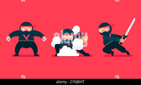 Tiny ninja with traditional ninja suit, Cartoon Japanese warrior with sword in different poses, attacks with katana or throws shuriken, Set of ninja Stock Vector