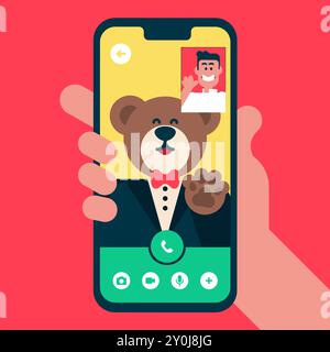 Flat Brown bear making video call with normal guy, talking about works, Teddy bear wear Black suit do a virtual job interview on the mobile phone Stock Vector