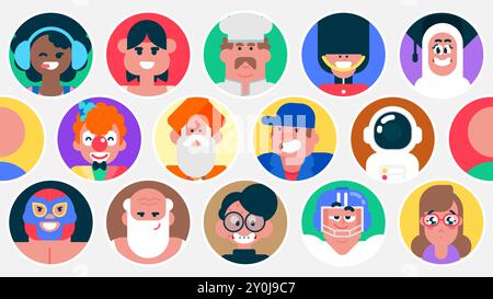 User icons of men and women of different nationalities on multicolor background, People avatars set, Happy users in circles, Different round faces Stock Vector